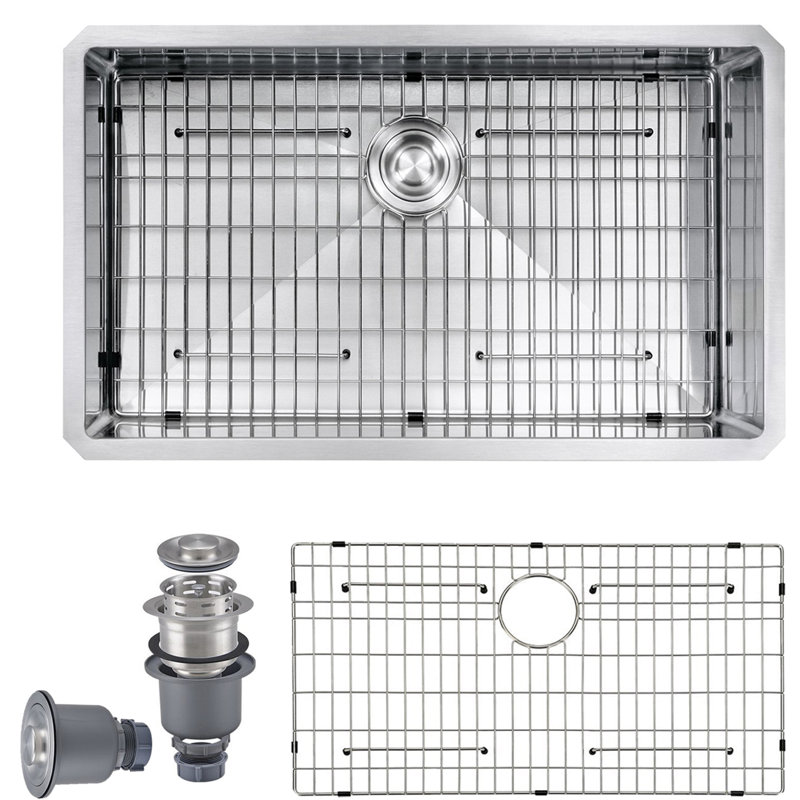 MOWA Handmade 32" L x 19" W Undermount Kitchen Sink with Sink Grid and